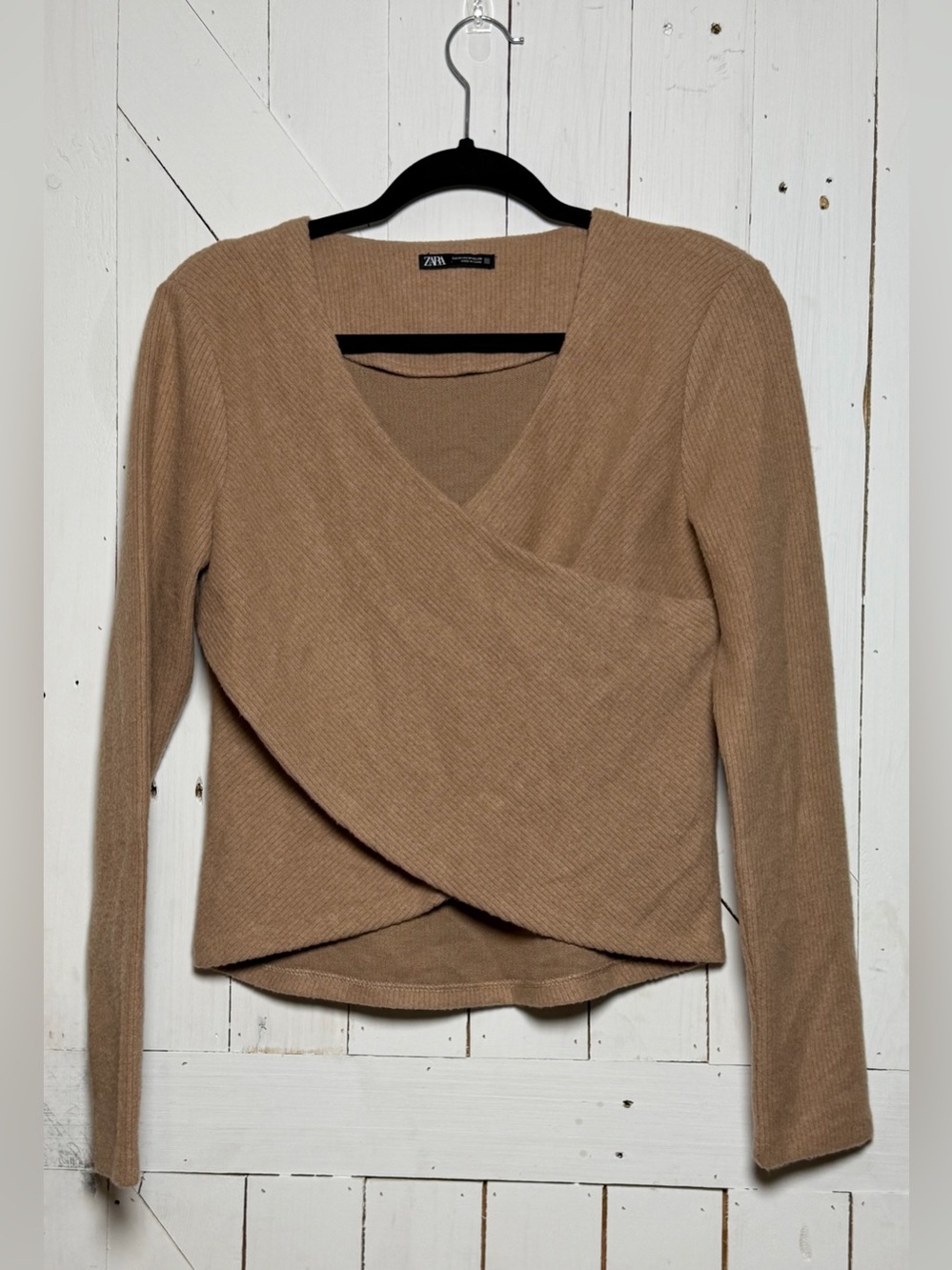 ZARA Soft Ribbed Crossover Wrap Top Warm Tan Camel Brown | Size Medium
